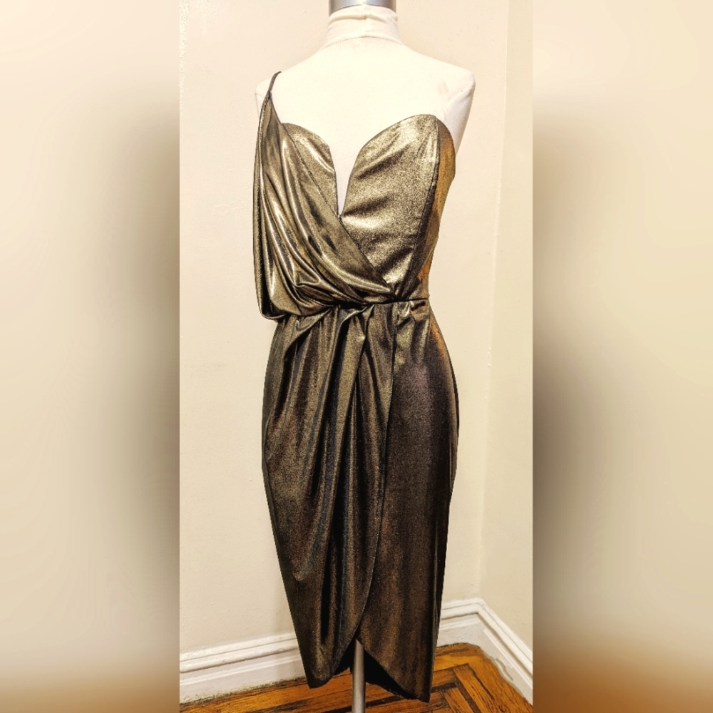 ASOS Gold Metallic  One-Shoulder Dress Size 14